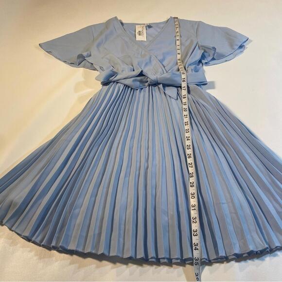 NWT ePretty Sz‎ S Sky Blue Flutter Sleeve Cross Front Pleated Dress W Waist Sash - Picture 4 of 7